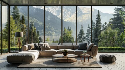 Fototapeta premium A contemporary living room with a large sectional sofa, a coffee table, and a floor lamp. The room has floor-to-ceiling windows that offer a stunning view of mountains and trees.