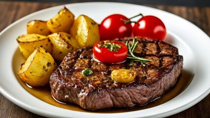  Deliciously grilled steak with roasted potatoes and cherry tomatoes