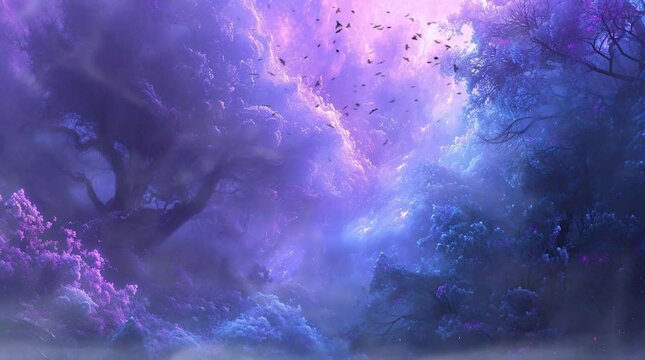 Glowing purple trees on majestic mountain creating a surreal and enchanting landscape
 Seamless looping 4k time-lapse virtual video animation background. Generated AI