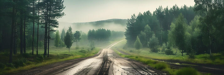 empty road with tire tracks in the countryside with forest in surrounding perspective in summer with mist and green trees vintage old effect. Creative banner. Copyspace image