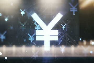 Abstract virtual Japanese Yen symbol sketch on contemporary business center exterior background, strategy and forecast concept. Multiexposure