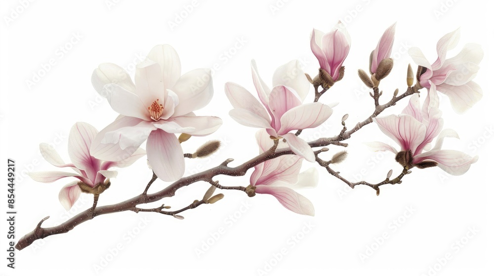 Sticker Isolated white background branch with pink magnolia flower in spring