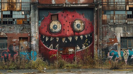 Graffiti artwork covers a derelict industrial building, transforming it into a canvas of bold...