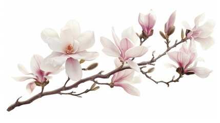 Isolated white background branch with pink magnolia flower in spring