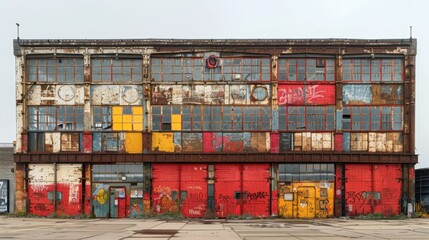 Urban graffiti art sprawls across an old warehouse exterior, featuring a mix of bold lettering and intricate illustrations that reflect the city's dynamic cultural tapestry. The artwork, a fusion of