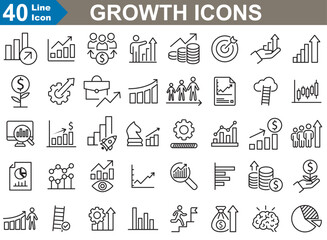Growth outline Icons set. Gain, Business Training, Increase, Achievement and Development Icons. Solid Vector icon Collection. 