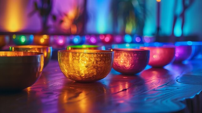 Vibrant colors reflecting off Tibetan singing bowls during a sound healing session, tranquil atmosphere