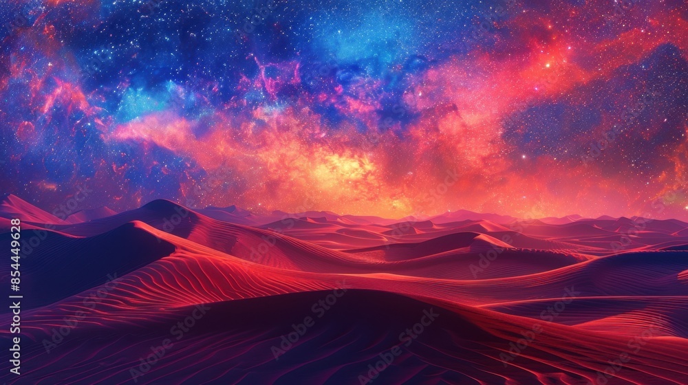Poster a desert landscape unfolds under an inverted sky where galaxies and nebulae swirl in intricate patte