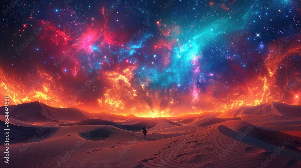 Poster a desert landscape unfolds under an inverted sky where galaxies and nebulae swirl in intricate patte