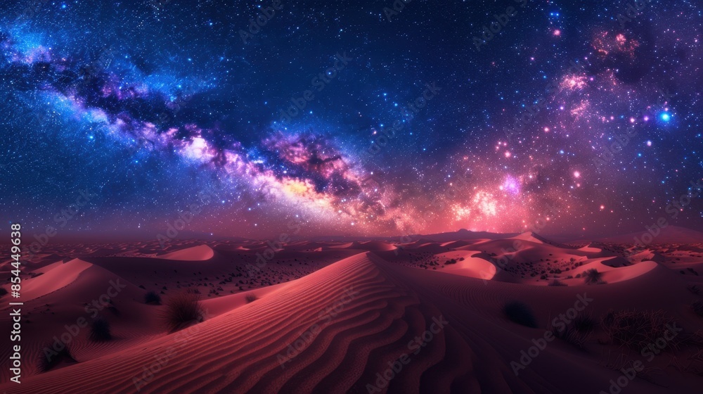 Poster a desert landscape unfolds under an inverted sky where galaxies and nebulae swirl in intricate patte