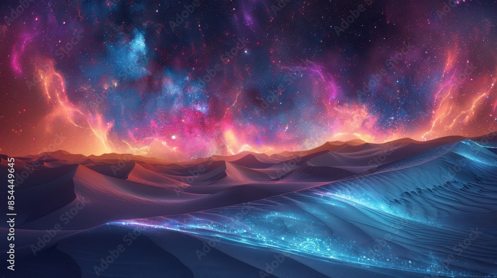 Poster a desert landscape unfolds under an inverted sky where galaxies and nebulae swirl in intricate patte
