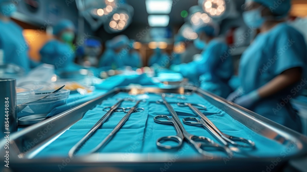 Aufkleber close-up of a surgical tray in an operating room, filled with sterile instruments like scalpels, for