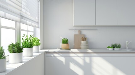 A minimalistic kitchen with white cabinets, a window with blinds, and potted plants on the counter.