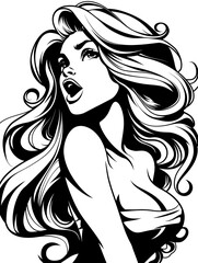 Obraz premium A woman with long hair and a shirt on. She is angry and is yelling. The image is black and white