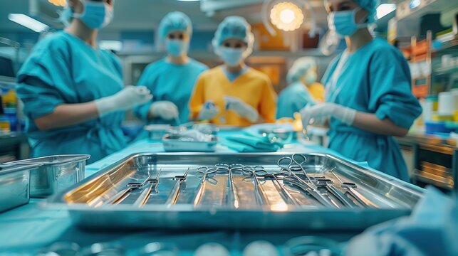 Close-up of a surgical tray in an operating room, filled with sterile instruments like scalpels, forceps, and scissors, ready for a procedure. The background shows the blurred figures of surgeons and