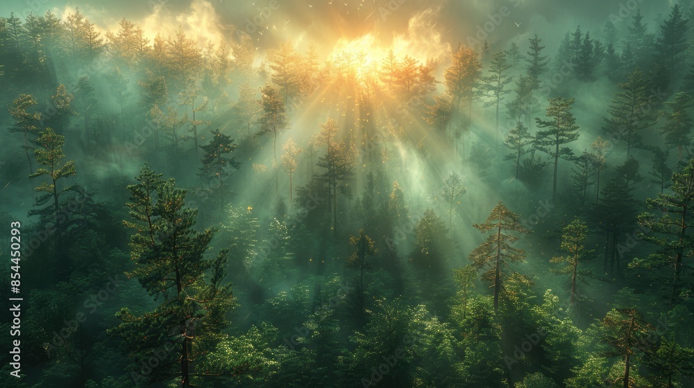 Poster a serene mist blankets a tranquil forest at dawn, casting a soft glow on towering evergreens. sunlig
