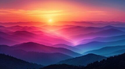 Fototapeta premium The silhouette of distant mountains stands stark against a sky ablaze with the warm colors of sunset. Shades of pink, orange, and purple blend harmoniously, creating a mesmerizing gradient across the