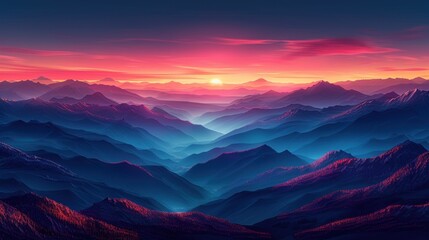 Obraz premium The silhouette of distant mountains stands stark against a sky ablaze with the warm colors of sunset. Shades of pink, orange, and purple blend harmoniously, creating a mesmerizing gradient across the