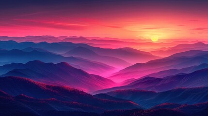 Fototapeta premium The silhouette of distant mountains stands stark against a sky ablaze with the warm colors of sunset. Shades of pink, orange, and purple blend harmoniously, creating a mesmerizing gradient across the