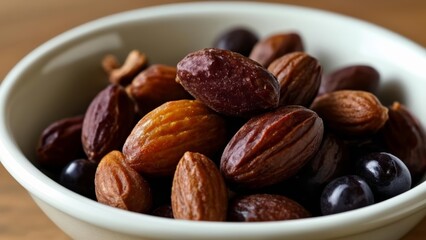  Delicious assortment of dried fruits and nuts in a bowl