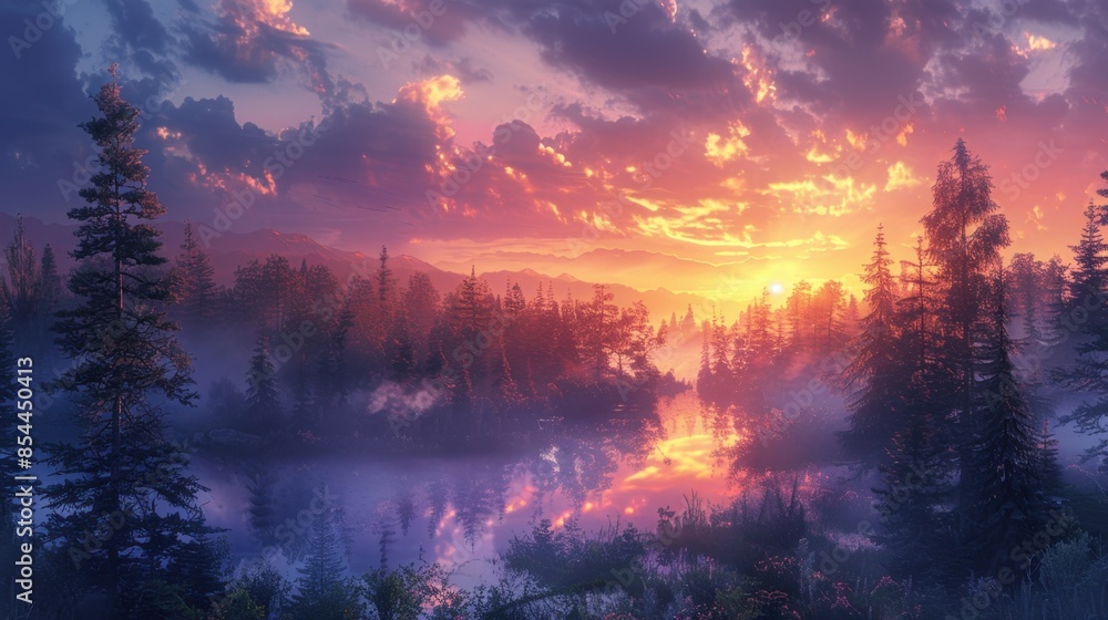 Aufkleber dawn breaks over a tranquil forest shrouded in mist, casting an enchanting hue of blues and purples.