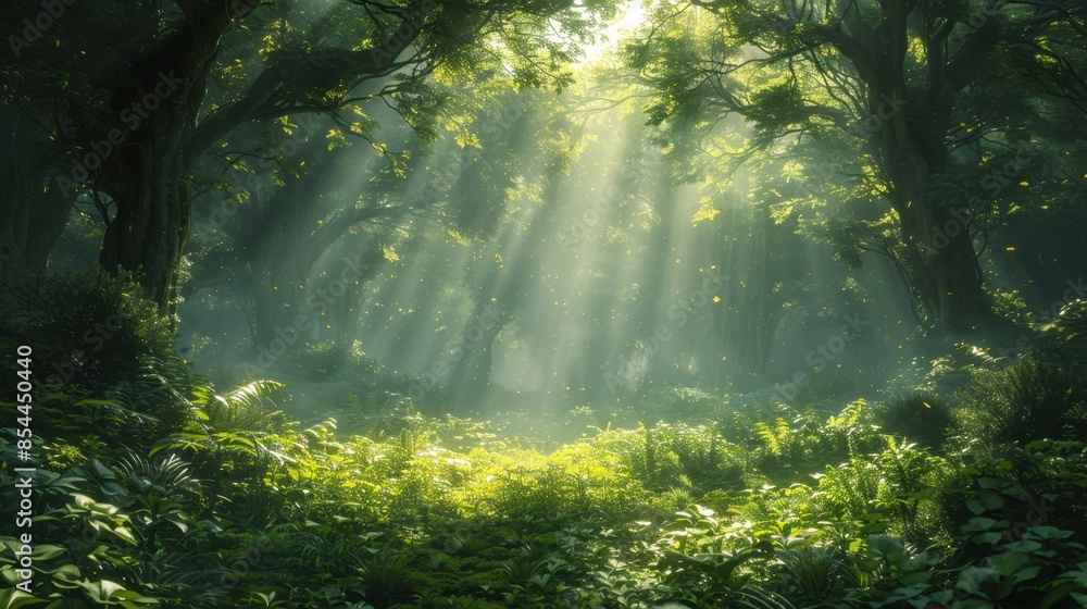 Poster a misty morning transforms an ancient forest into a realm of enchantment. sunlight pierces through t