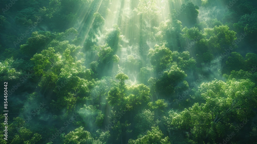Poster a misty morning transforms an ancient forest into a realm of enchantment. sunlight pierces through t