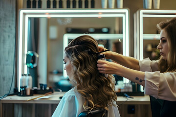 Fototapeta premium Hairdresser styling hair in a salon