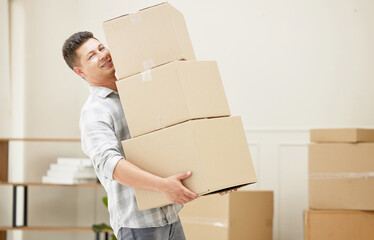 Moving, portrait and man carrying boxes in new home for mortgage, property investment or rental...