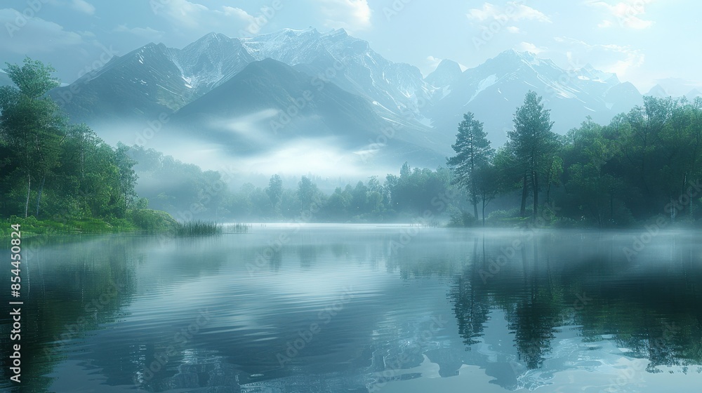 Poster a tranquil lakeside scene in the early morning, with mist hovering gently over the water's surface, 