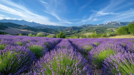 Obraz premium Panoramic view of rolling hills covered with blooming lavender in Provence, creating a sea of purple under a clear sky. The landscape conveys a sense of serenity and natural abundance, suitable for