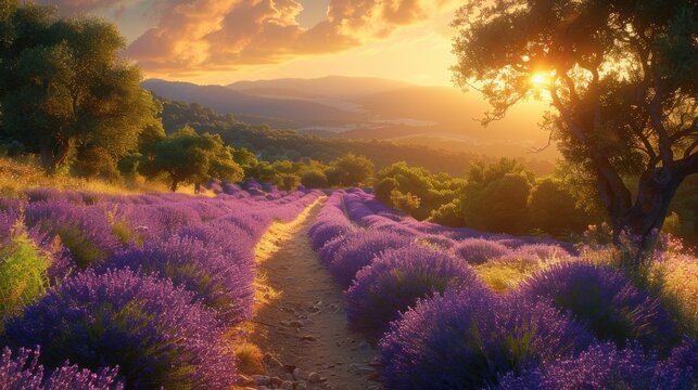 A winding path through picturesque lavender fields in Provence, surrounded by rows of fragrant purple flowers. The scene captures the essence of summer in the countryside, offering a peaceful and