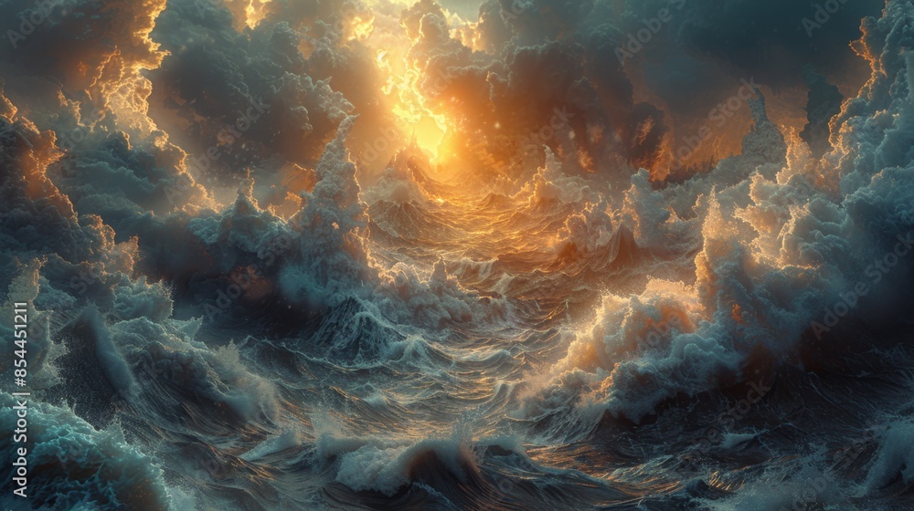 Poster sunlight breaks through heavy clouds, illuminating a jagged coastline where waves surge against anci