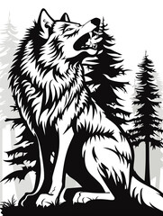 Obraz premium A wolf is sitting in a forest with trees behind it