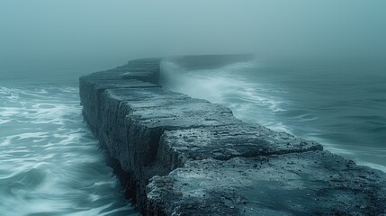 A misty morning on the rocky coast, where waves roll in rhythmically, breaking against the weathered stones. The tranquil yet dynamic scene captures the timeless dance between land and sea in its