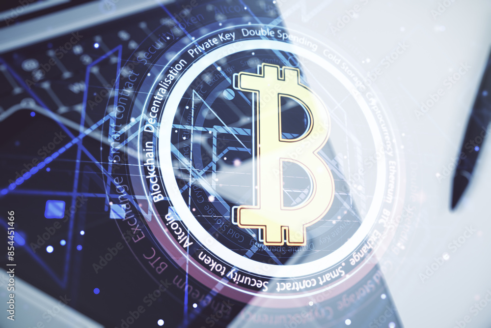 Poster double exposure of creative bitcoin symbol hologram with computer on background. mining and blockcha