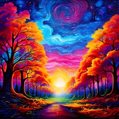 Fiery orange and red foliage flanks the path under a deep blue, star-studded sky, creating a captivating contrast. The blend of natural scenery with cosmic elements evokes wonder and infinity.