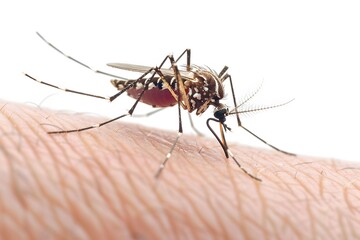 Close Up of a Mosquito Feeding on Human Skin.