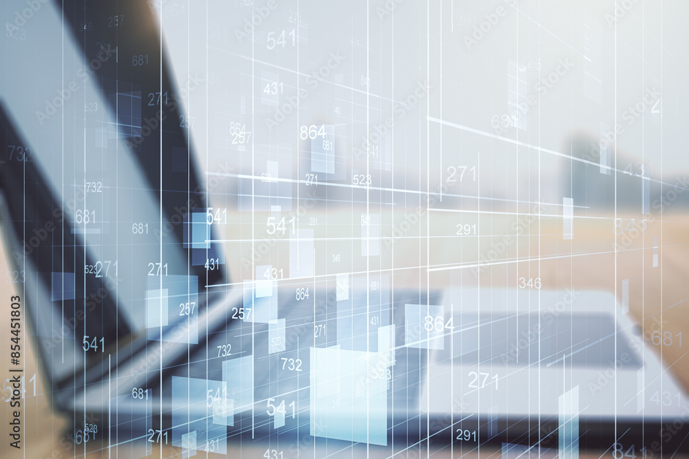 Aufkleber double exposure of abstract creative statistics data hologram on computer background, analytics and 