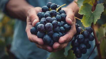 Closeup of Hands Holding a Bunch of Ripe Black Grapes in a Vineyard.