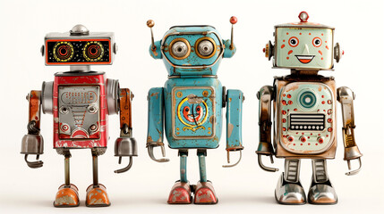 Vintage tin toy robots standing together isolate vintage mechanical toys and amusement concepts. On a white background.