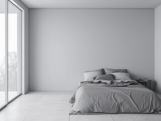 Minimalist master bedroom in light grey tones with minimal furniture, a bed next to a window and ample copy space. Bedroom interiors composition in neutral color.