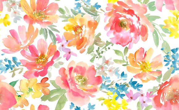 Watercolor Seamless Floral Pattern with Abstract Hand painted Red Peonies and Foliage on a transparent background. Spring and summer floral Textile Design for fabric and stationary. Floral wallpaper.