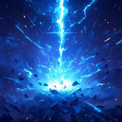 Blue lightning beam falls from the sky.