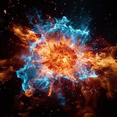  A blue and orange fire explosion with sparks on a black background.