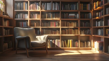 A comfortable armchair sits in a sunlit room, surrounded by towering bookshelves filled with volumes of literature, inviting relaxation and contemplation.