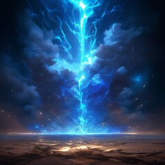 Blue lightning beam falls from the sky.