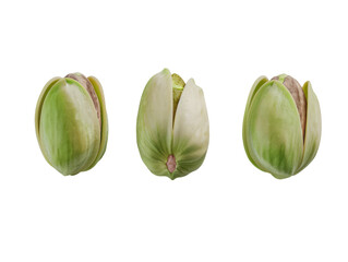 Three opened pistachio nuts isolated on white background. High-quality image for culinary and nutritional concepts.
