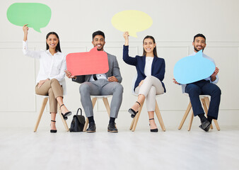 Speech bubble, portrait and business people in waiting room for recruitment, offer or onboarding...
