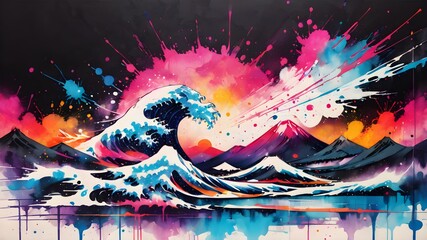 A painting of a wave with mountains in the background. The colors are bright and vibrant, giving the painting a sense of energy and movement. The wave appears to be crashing against the mountains